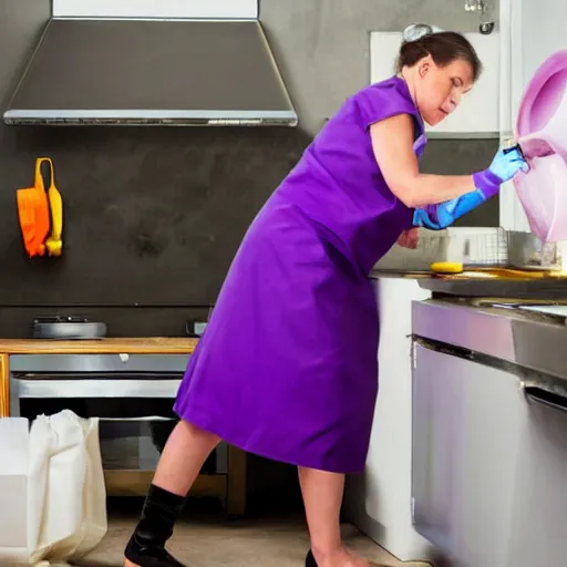 Image similar to a woman in a purple dress cleaning a kitchen, a stock photo by frieke janssens, shutterstock contest winner, feminist art, contest winner, stock photo, creative commons attribution