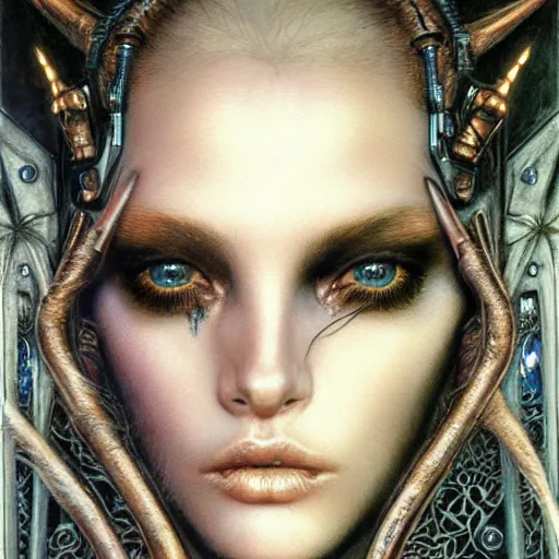 Image similar to an award finning closeup facial portrait by alan lee, luis royo and john howe of a bohemian female cyberpunk traveller clothed in excessively fashionable 8 0 s haute couture fashion and wearing ornate art nouveau body paint