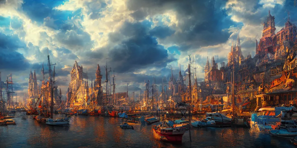 Image similar to beautiful seventeenth century harbour city, vivid colors, gorgeous clouds, god rays, digital art, landscape, fantasy art, octane render, ureal engine, high detail, very realistic, by ross tran