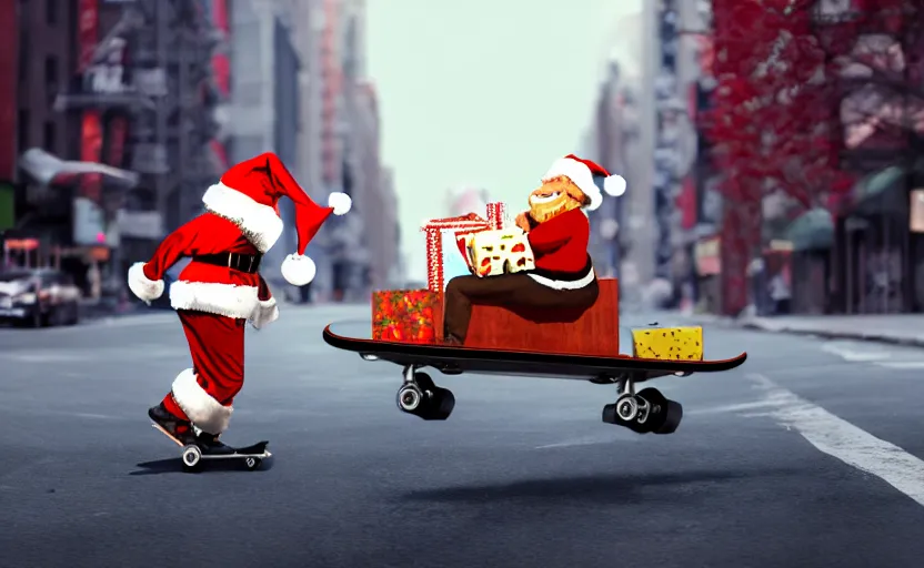 Image similar to a crocodile, dressed as santa claus, on a skateboard in the streets of new york city, concept art, digital illustration, unreal engine, trending on artstation