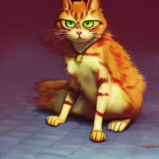 Prompt: Garfield the Cat, digital art, high quality, illustrated by Shigenori Soejima