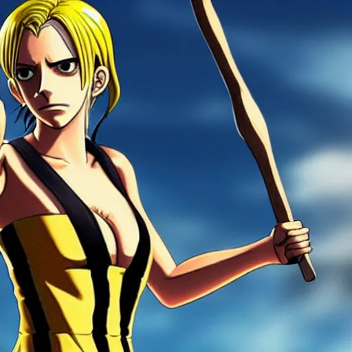 Image similar to A full body portrait of emma watson as Nami from one piece holding a trident in one hand, leage of legends