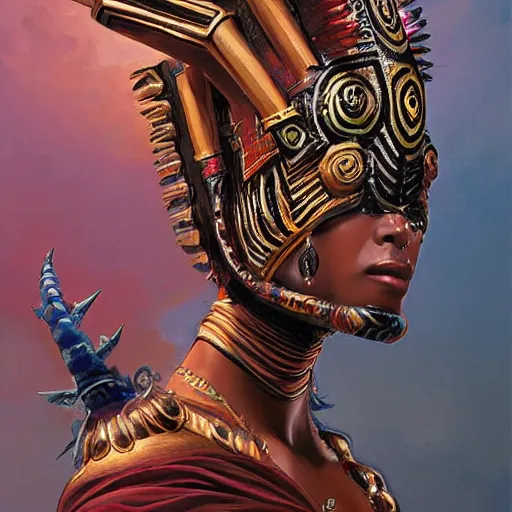 Prompt: seductive, clothed science fiction mutant byzantine noble with long neck and elaborate aztec headdress, by boris vallejo and greg rutkowski