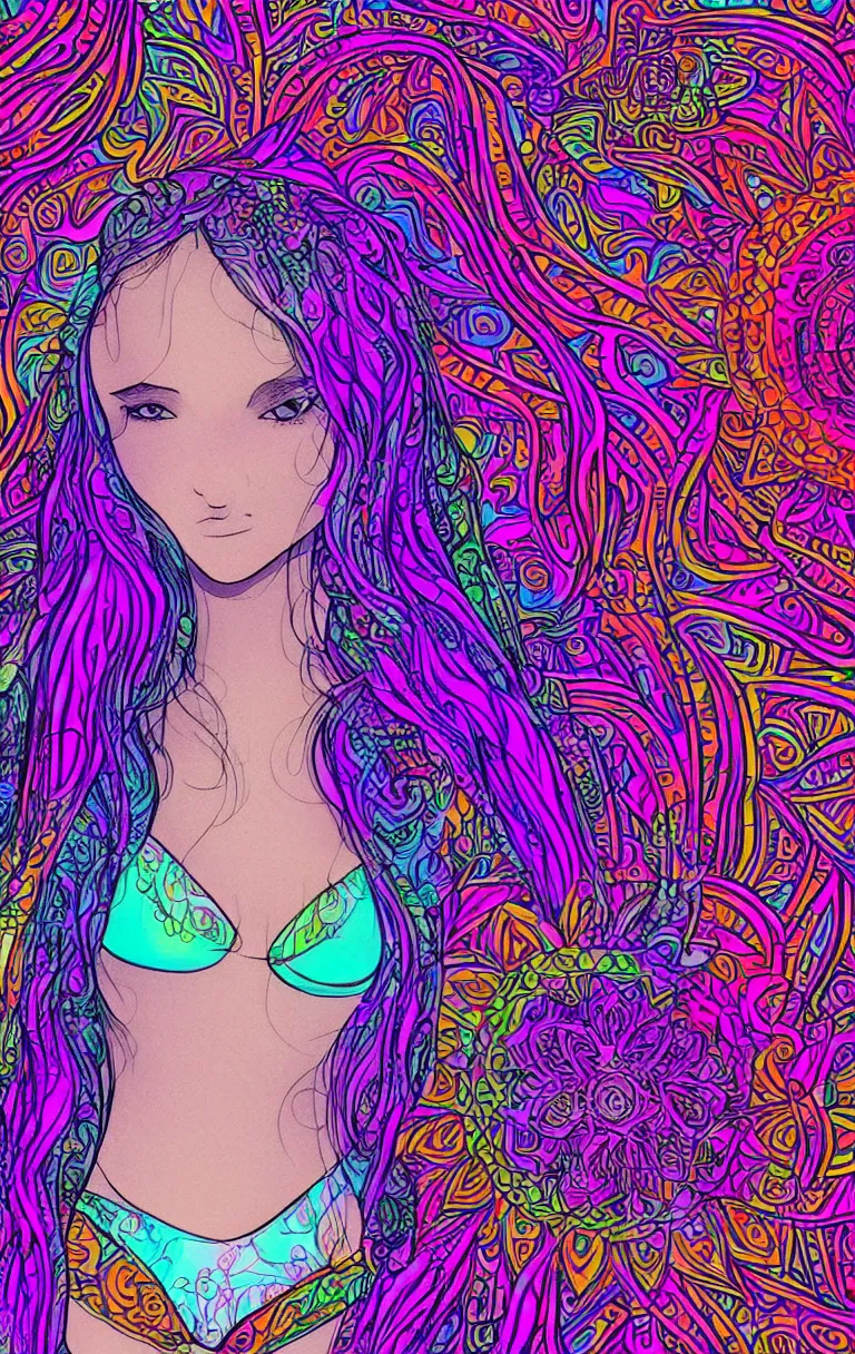 Image similar to beautiful hippie girl illustration, closeup in bikini over psychedelic sacred geometry hallucination