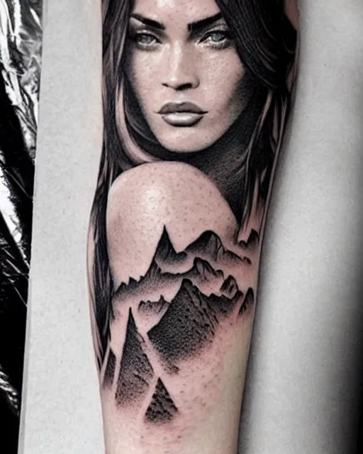 Image similar to creative double exposure effect tattoo design sketch of megan fox faded with beautiful mountain scenery, realism tattoo, in the style of matteo pasqualin, amazing detail, sharp