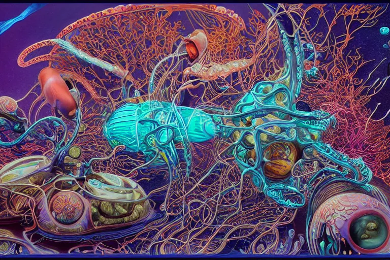 Prompt: complex and beautiful deep sea life by james jean and salvador dali and shusei nagaoka, deep sea mecha, bioluminescence mollusks, iridescent fantasy machinery, retro, nostalgic, vintage sci - fi, exquisitely intricate details, surrealism, hyper realistic, ultra detailed, cell shaded, 8 k