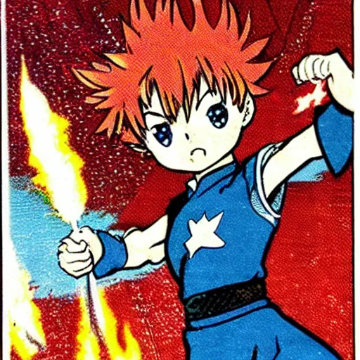 Prompt: magical boy throwing a bolt of fire, in shonen jump magazine, art by osamu tezuka, manga, anime