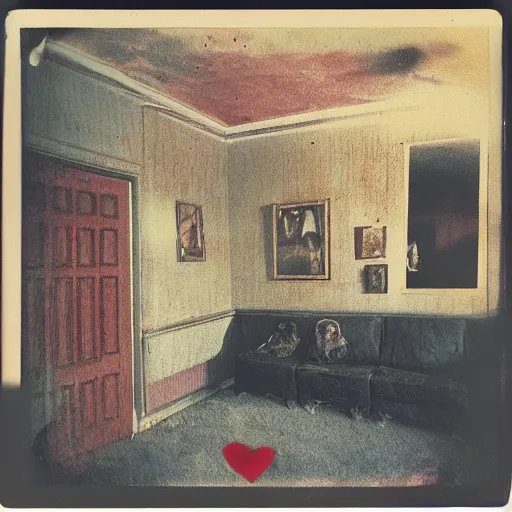 Image similar to coloured atmospheric polaroid photo of a old living room interior with transparent ghosty banshee corpse body floating