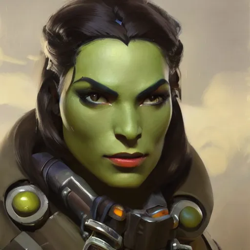 Image similar to greg manchess close - up portrait painting of a beautiful female dieselpunk orc with olive green skin as an overwatch character, medium shot, asymmetrical, profile picture, organic painting, sunny day, matte painting, bold shapes, hard edges, street art, trending on artstation, by huang guangjian and gil elvgren and sachin teng