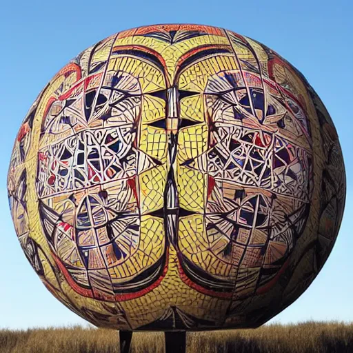 Image similar to a giant floating sphere covered in canadian aboriginal patterns