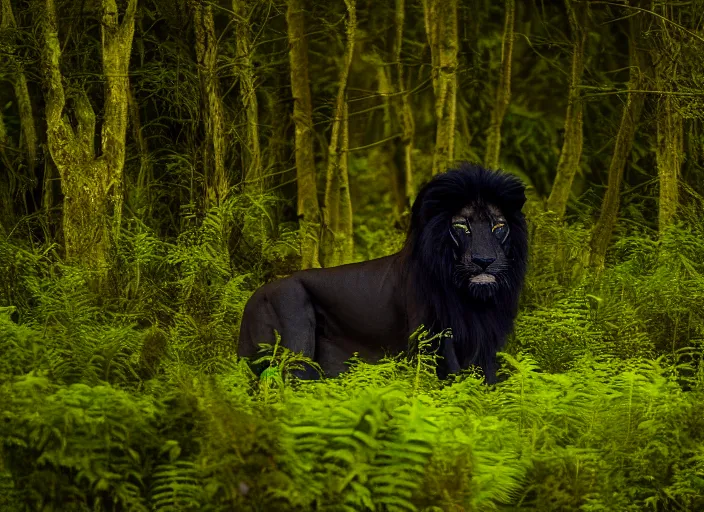 Image similar to professional wildlife photograph of a black lion standing in a dark jungle at night, surrounded by dense dark trees, moss, ferns, cinematic lighting, apex predator, natgeo