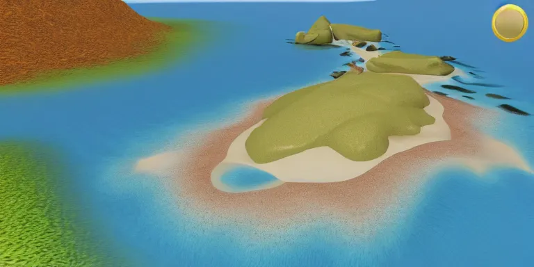 Prompt: A desert island paradise in 2000s 3D, crystal clear sea, screenshot