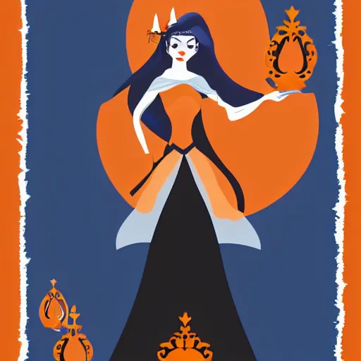 Image similar to modern vector art illustration of a fairy tale princess in navy and burnt orange hues