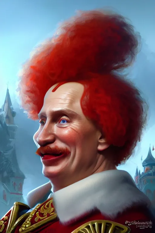 Prompt: / vladimir putin as ronald mcdonald, closeup, d & d, fantasy, intricate, elegant, highly detailed, digital painting, artstation, concept art, matte, sharp focus, illustration, hearthstone, art by artgerm and greg rutkowski and alphonse mucha