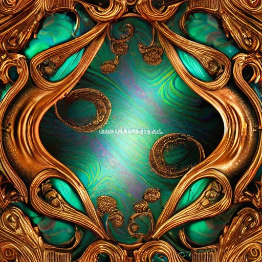 Prompt: Art Nouveau cresting oil slick waves, hyperdetailed bubbles in a shiny iridescent oil slick wave, ornate copper patina medieval ornament, rococo, baroque spirals, octane render