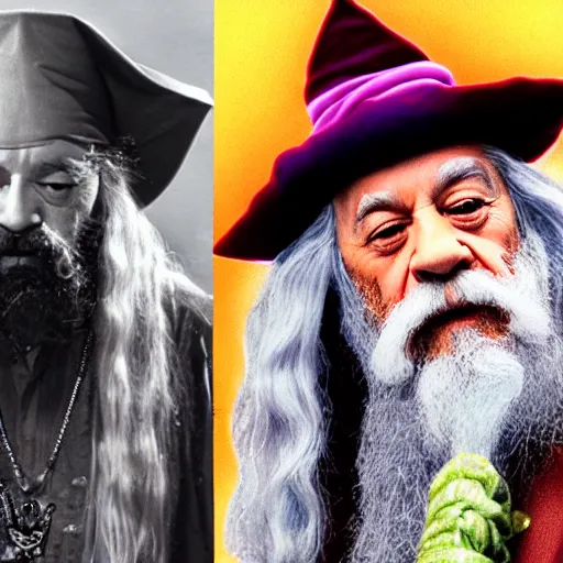 Image similar to Cheech & Chong as Dumbledore and Gandalf, Full-Wizard smock and hat, wizard's chain-necklace and spell scepter