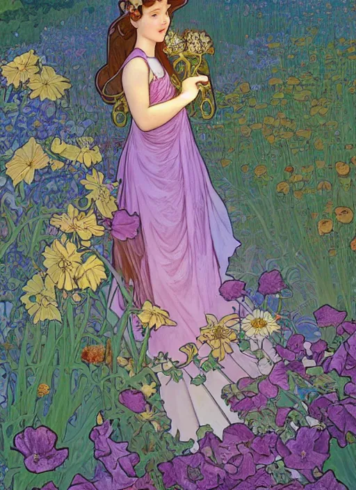 Image similar to well - lit art nouveau portrait of a 1 3 - year old girl wearing a sundress in a flower garden with lanterns at night, natural lighting, path traced, highly detailed, high quality, cartoon, digital painting, by don bluth and alphonse mucha and ross tran