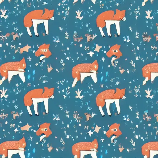 Image similar to A beautiful fabric pattern texture, of foxes playing in a forest at night, blue dark sky with stars, typographics art, by James Jean