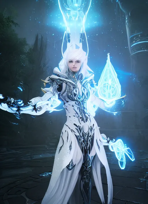 Image similar to photo of a sorceress near mage tower, warframe armor, cyborg, magical dress, fantasy, white hair, trees, village far away, stunning effects, interesting angle, glow, sharp focus, 8 k high definition, insanely detailed, intricate, intelligent, art by akihiko yoshida and shirotaka