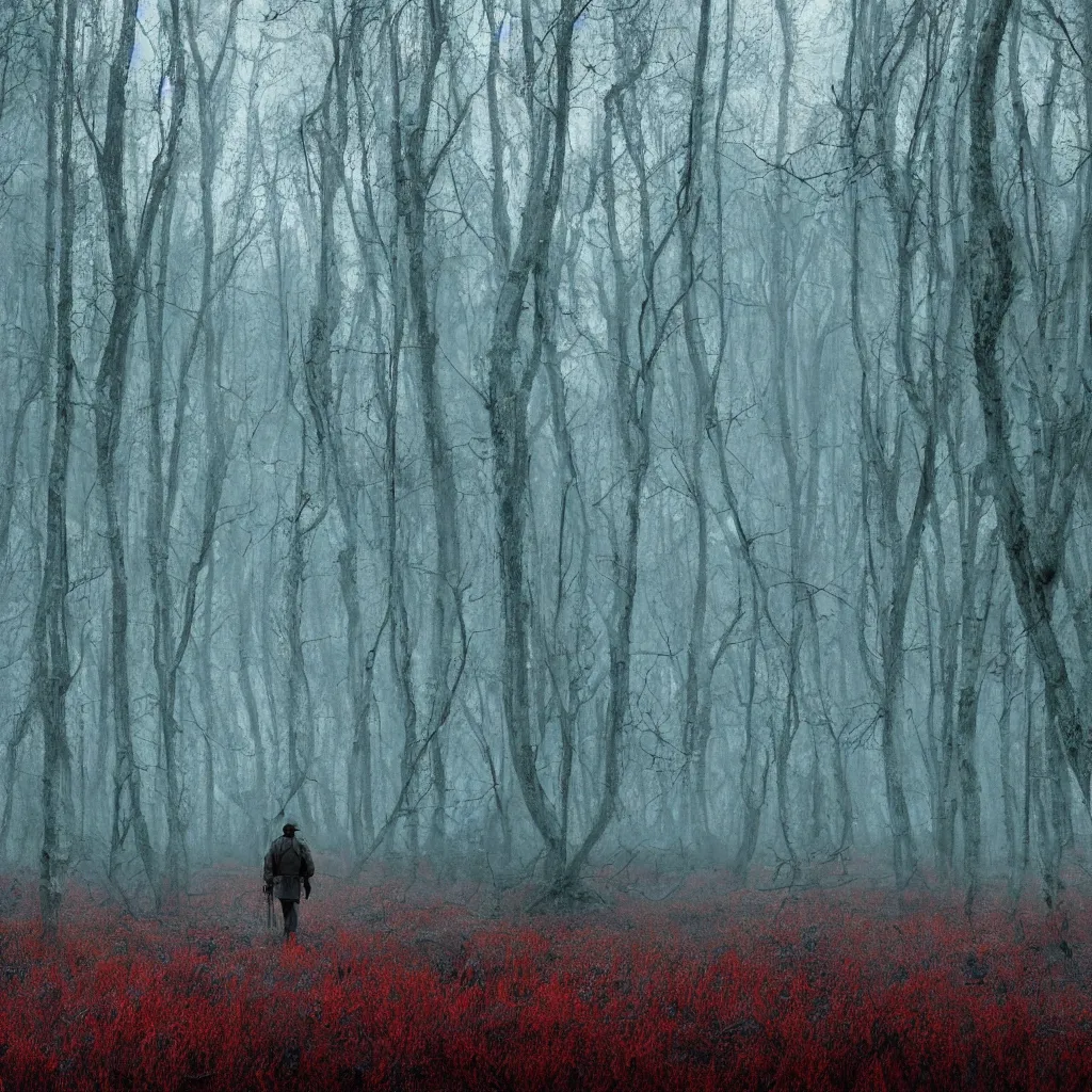 Prompt: a beautiful highly detailed matte painting of stalker walking through the Chernobyl red forest full of anomalies by Jose Daniel Cabrera Pena and Leonid Kozienko, concept art by Tooth Wu and wlop and beeple and dan mumford and greg rutkowski and nekroxiii. octane render, cinematic, hyper realism, octane render, 8k, iridescent accents. vibrant, teal and gold blue red dark noir colour scheme