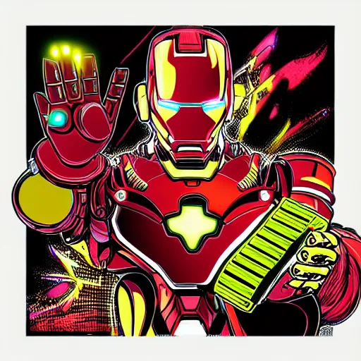 Image similar to artgerm, psychedelic laughing cybertronic ironman, rocking out, headphones dj rave, digital artwork, r. crumb, svg vector