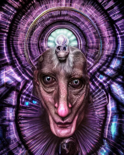 Image similar to realistic portrait of a creature experiment gone wrong, opened portal, psychedelic, dark art, facing camera, photo realistic, detailed, 1 4 5 0, delicate, hyper realism, ultra realistic, 8 k