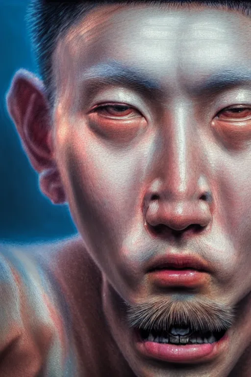 Image similar to hyperrealistic close-up pastel rococo exoskeleton! chinese man highly detailed concept art eric zener elson peter cinematic hard blue lighting high angle hd 8k sharp shallow depth of field