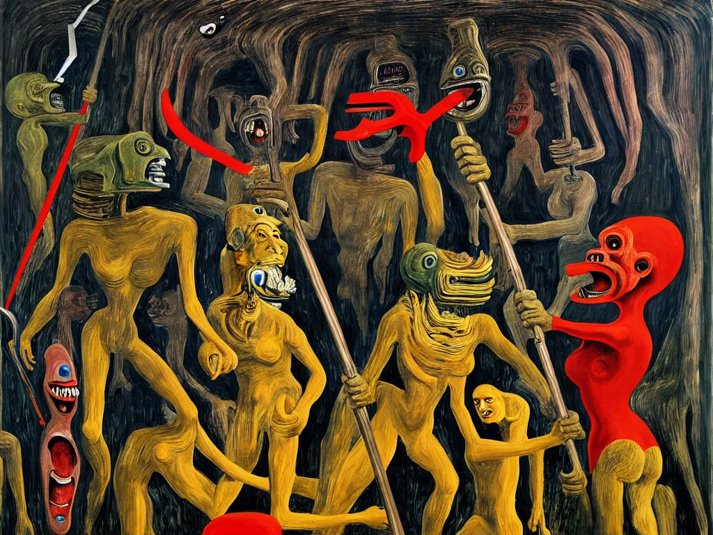 Image similar to a painting of a human of a big mouth turns into a cave with strange bearded beings with scythes, 4 k, art by max ernst