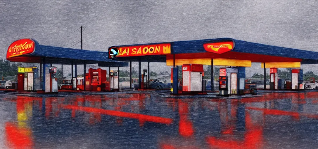 Image similar to Look of a lonely gas station, rain, night, colorful moody scene, digital art, 8k, moody details