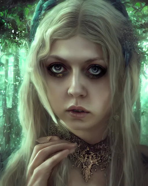 Image similar to Beautiful art portrait of taylor momsen as a fantasy priestess in a bright temple surrounded by lush forest, atmospheric lighting, intricate detail, cgsociety, hyperrealistic, octane render, RPG portrait, ambient light, dynamic lighting