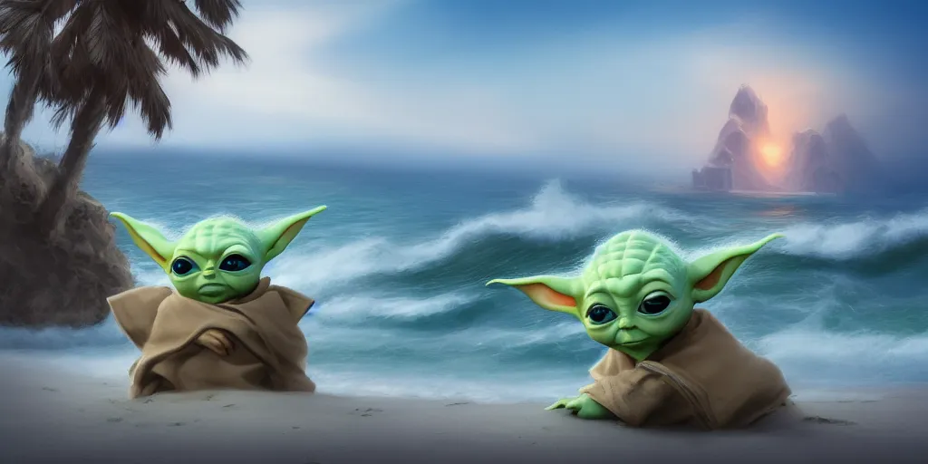 Prompt: Baby Yoda chillin on a beach, waves coming up onto the shore, palm trees swaying in the wind, hyperdetailed, artstation, cgsociety, 8k