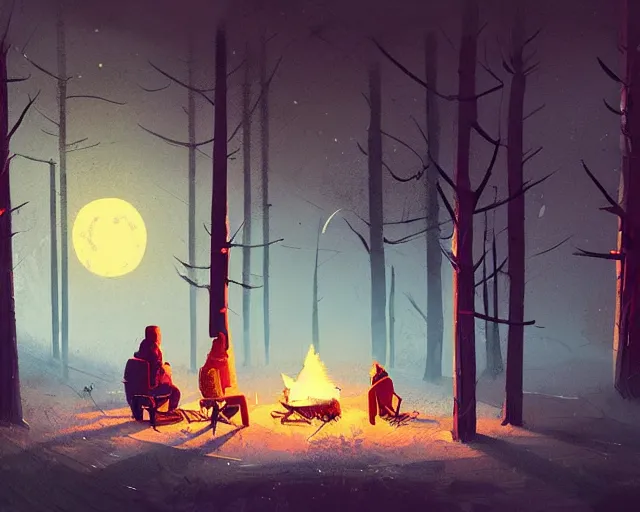 Prompt: friends sitting around a winter forest campfire at night, ismail inceoglu, james gilleard, artstation, moonlight