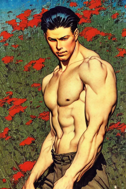 Image similar to attractive man in flower field, muscular, painting by j. c. leyendecker, yoji shinkawa, katayama bokuyo