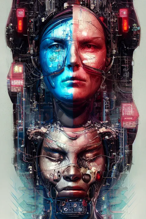 Image similar to portrait of computer & circuits, melting, technocrat vigilante, 8 k, by tristan eaton, stanley artgermm, tom bagshaw, greg rutkowski, carne griffiths, ayami kojima, beksinski, giger, trending on deviantart, face enhance, hyper detailed, minimalist, cybernetic, android, blade runner, full of colour, super detailed