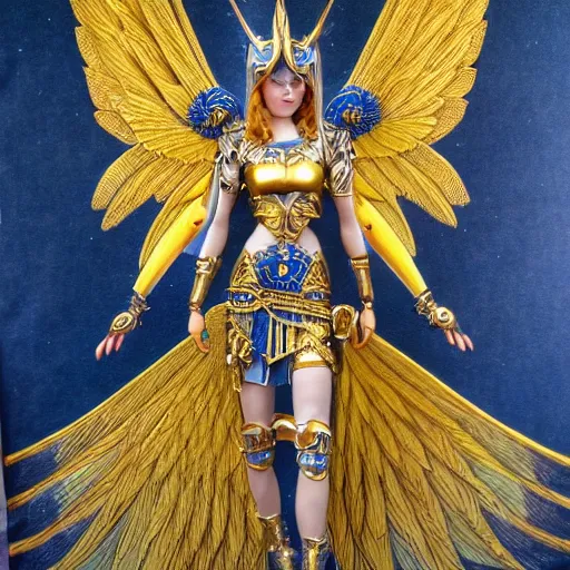 Image similar to art deco valkyrie, blue and gold ornate armor, highly detailed, intricate detail, art station,