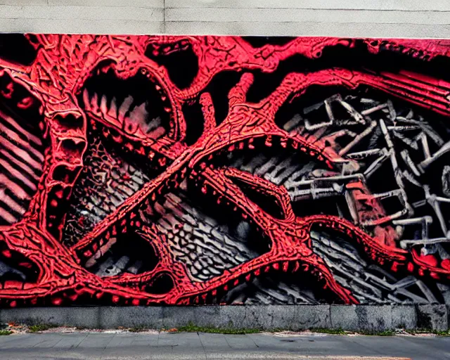 Image similar to 16k photorealistic image of a wall that has some lovecraftian graffiti on it inspired by wretched dragon rib cage. lovecraftian graffiti in red and black colors. the art is cursed and ecrusted with jewels.