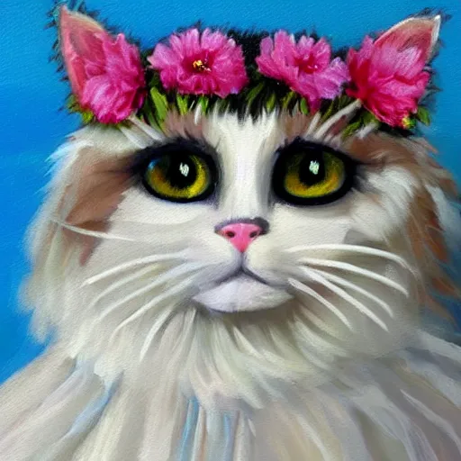 Image similar to anthromorphic fluffy bicolor rag doll cat dressed in princess dress with flower crown, detailed 4 k oil painting