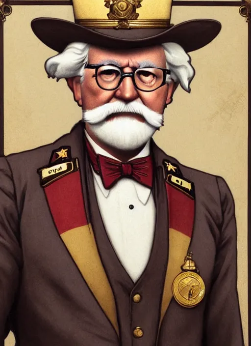 Prompt: close up portrait of colonel sanders, decorated civil war veteran, many medals by artgerm, cushart krenz, greg rutkowski, mucha. art nouveau. gloomhaven, golden arches logo, pale colors, sharp edges. ultra clear detailed. 8 k. elegant, intricate, octane render