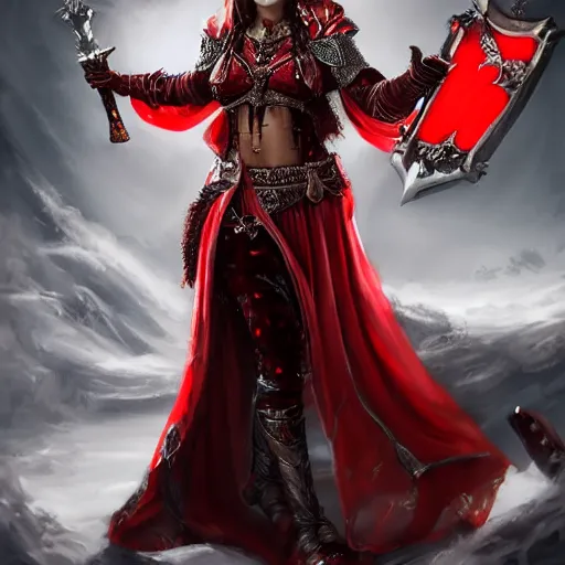 Image similar to a beautiful woman in a crimson cloak holding a glowing white spear and an obsidian shield, silver intricate armor, spotlight, ornate, realistic, fantasy art