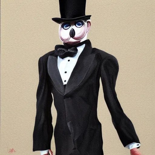 Image similar to a painting of a marionette puppet wearing a top hat and a suit by artgerm