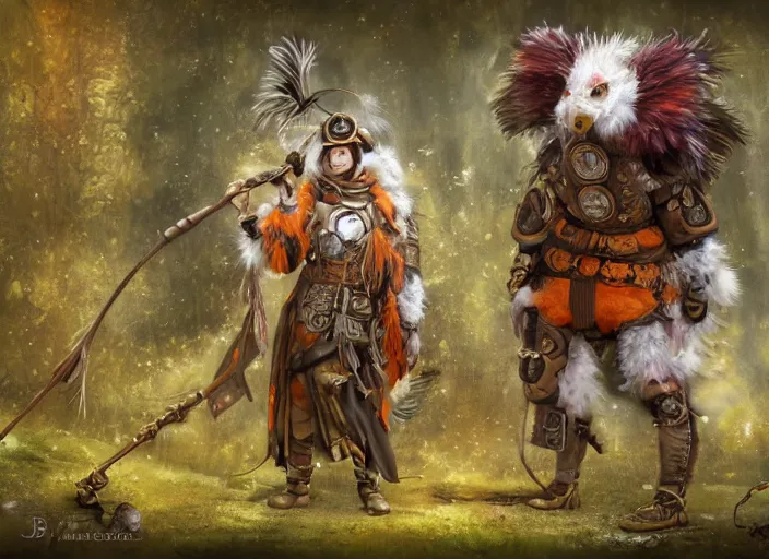 Image similar to ashigaru steampunk - inspired feathered mic, colorful plumage, lacquered armor, cute but determined, hard focus, art station, by jessica rossier and brian froud, cinematic fantasy painting, orange grey white, in a woodland glade