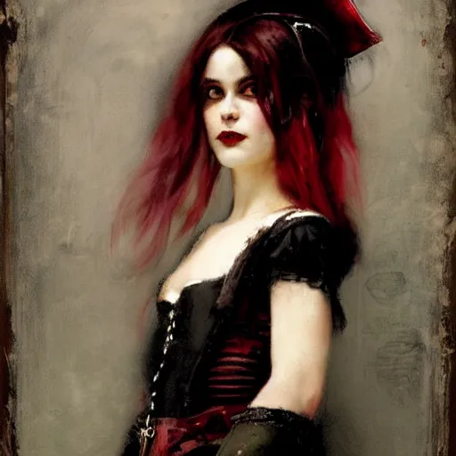 Image similar to Solomon Joseph Solomon and Richard Schmid and Jeremy Lipking victorian genre painting portrait painting of a young beautiful woman punk rock goth girl pirate wench in fantasy costume, red background