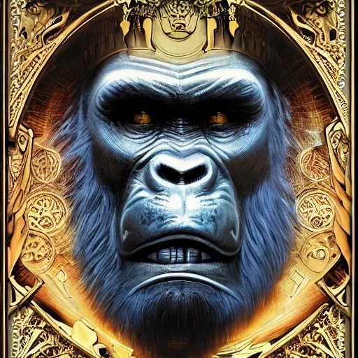 Prompt: portrait of king kong made with porcelain by Jeff Easley and Peter Elson + beautiful eyes, beautiful face + symmetry face + border and embellishments inspiried by alphonse mucha, fractals in the background, galaxy + baroque, gothic, surreal + highly detailed, intricate complexity, epic composition, magical atmosphere + masterpiece, award winning + trending on artstation