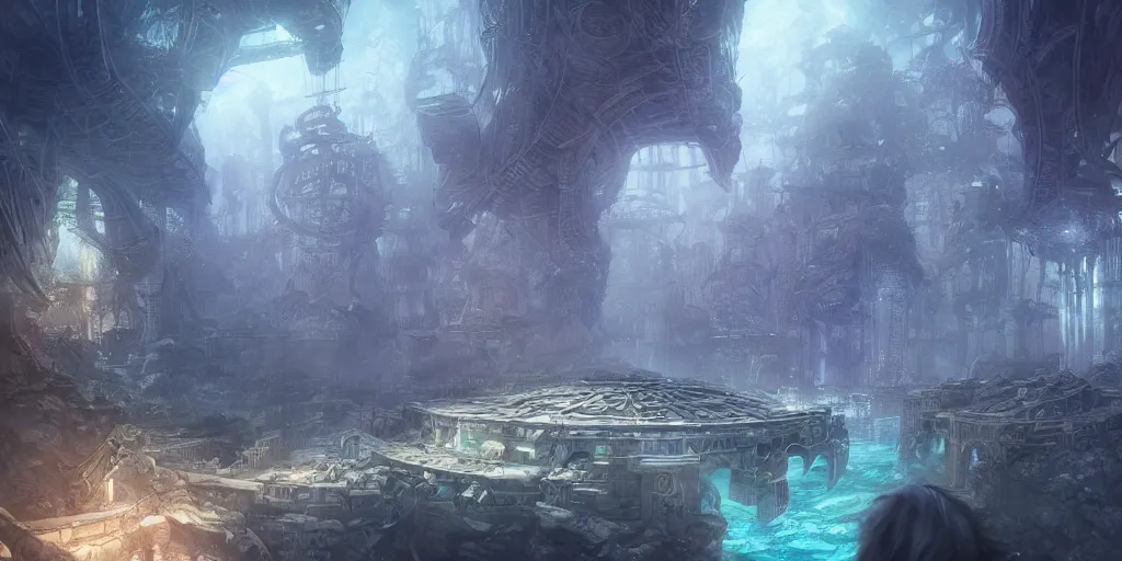 Image similar to underwater city, by role thomas style and giovanni paolo panini style epic, volumetric, symmetrical, insanely detailed, style of charlie bowater, kelly mckernan, unreal engine render, artstation trends, hyper detail, epic art style, cinematic, concept art