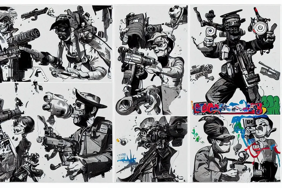 Image similar to 3 concept illustrations supersoaker water guns, by jamie hewlett