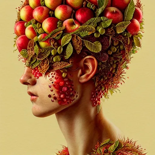 Image similar to portrait made of apples and fruit, fantasy, intricate, elegant, highly detailed, lifelike, photorealistic, digital painting, artstation, illustration, smooth, sharp focus, art by albert aublet, krenz cushart, artem demura, giuseppe arcimboldo