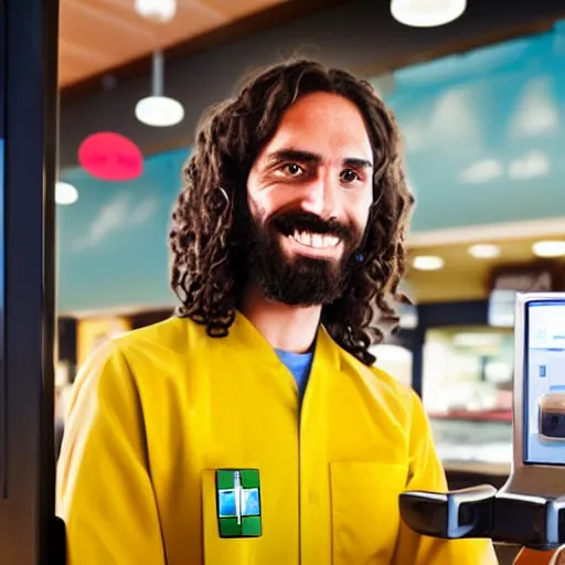 Image similar to closeup portait of jesus working as a cashier at macdonalds