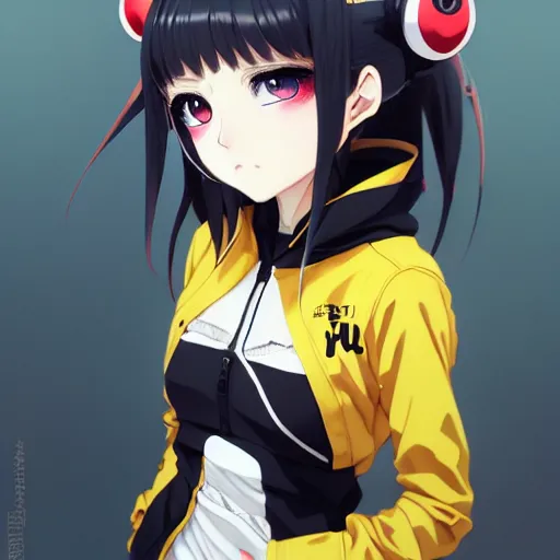 Image similar to a beautiful anime cyborg - girl with yellow eyes wearing a cat hoodie, wlop, ilya kuvshinov, artgerm, krenz cushart, greg rutkowski, hiroaki samura, range murata, james jean, katsuhiro otomo, erik jones, serov, surikov, vasnetsov, repin, kramskoi