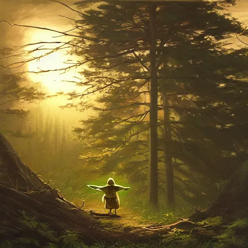 Image similar to high - angle view, shot from 5 0 feet distance, baby yoda strolls on a well lit path in a dimly lit forest. dramatic clouds, setting sun. oil on canvas painting, light, shadow, contrast, detailed, depth, volume, chiaroscuro, drama, quiet intensity, serene.