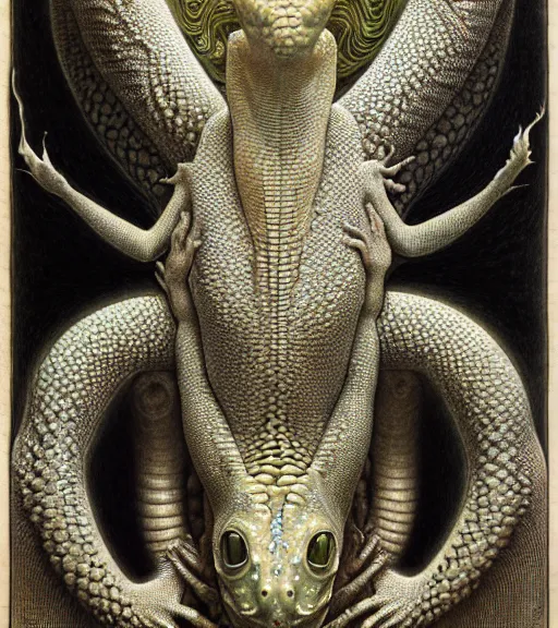 Prompt: detailed realistic beautiful gecko goddess face portrait by jean delville, gustave dore, iris van herpen and marco mazzoni, art forms of nature by ernst haeckel, art nouveau, symbolist, visionary, gothic, neo - gothic, pre - raphaelite, fractal lace, intricate alien botanicals, ai biodiversity, surreality, hyperdetailed ultrasharp octane render